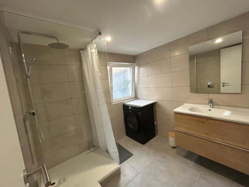 a bathroom with a shower and a sink and a toilet at Maison indépendante Anna in Wittenheim