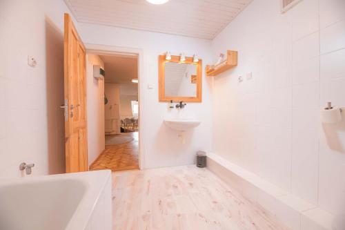 a bathroom with a tub and a sink and a mirror at KUKI Apartments in Trenčín