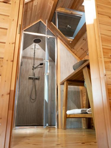 a shower in a room with a bunk bed at Domaine Arvor & Spa in Lanvallay