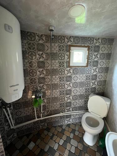 a small bathroom with a toilet and a window at Dadu Guest house in Davberi
