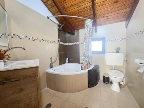 a bathroom with a tub and a toilet and a sink at Assaf's place - המקום של אסף in Aẖihud