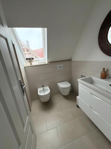 a bathroom with a toilet and a sink and a window at Villa Residenz am Vulkanradweg in Grebenhain