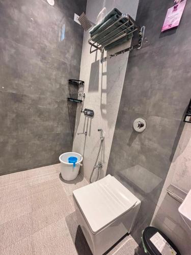 a bathroom with a white toilet and a shower at Hampi Tribes Homestay in Hampi