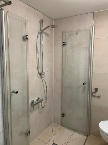 a shower with a glass door in a bathroom at Haselbusch - Lastering Ferienhäuser & Apartments in Wettringen