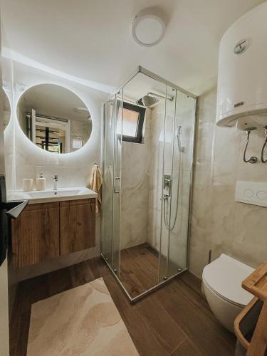 a bathroom with a glass shower and a toilet at Vikendica Family in Gojsalica