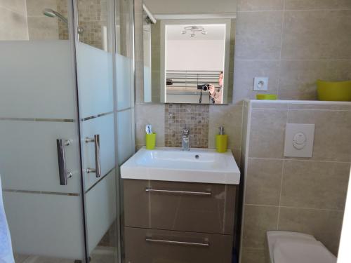 a bathroom with a sink and a toilet and a mirror at Les Provences Bleu et Verte in Solliès-Pont