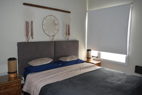 ein Schlafzimmer mit einem großen Bett und blauen Kissen in der Unterkunft Coty C in Saladillo