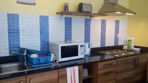 a kitchen counter with a sink and a microwave at Sunny Beachfront Studio in Mombasa