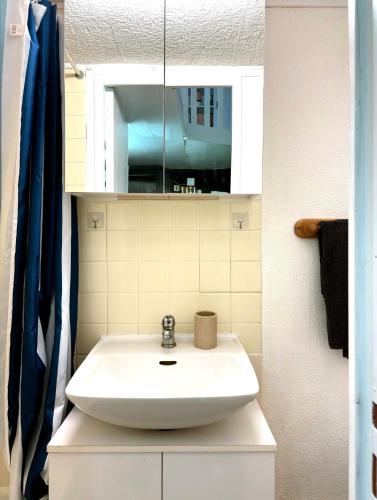 a bathroom with a white sink and a mirror at Duplex Charme & Fleurs, vue Cathédrale in Chartres