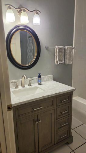a bathroom with a sink and a mirror at White Squirrel Cottage in Crawfordville