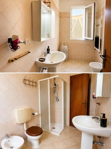 two pictures of a bathroom with a sink and a toilet at Mordano Apartment - ampio appartamento SELF CHECK-IN vicino a Imola in Mordano