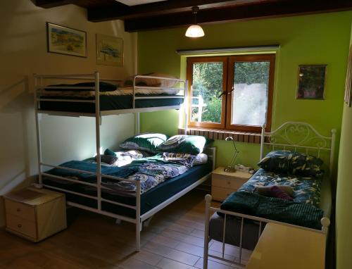 two bunk beds in a room with a window at Plantacja Wierzby Agroturystyka in Haczów