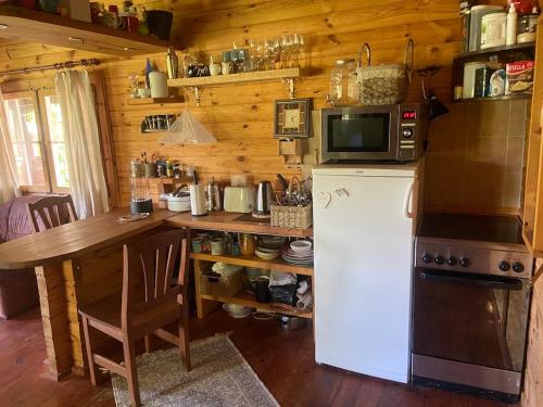 a kitchen with a white refrigerator and a microwave at Pikkjärve puhkemaja in Tilsi