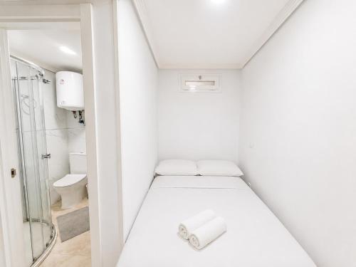 a small white room with a bed and a shower at Hospedaje La Campana in Madrid