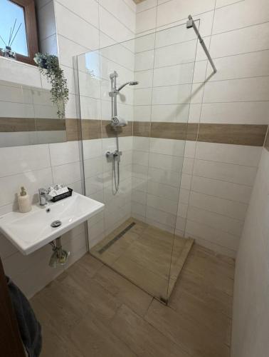 a bathroom with a shower and a sink at Csitári-patak Vendégház in Csitár