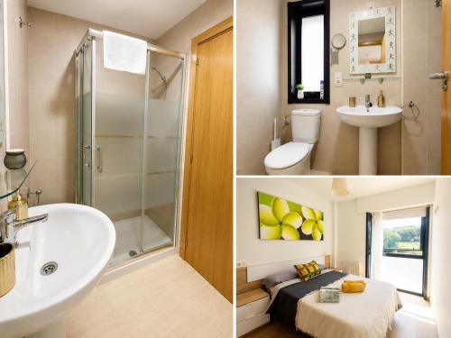 two pictures of a bathroom with a sink and a toilet at Confortable piso en Ares in Ares