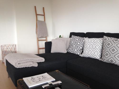 a living room with a black couch with pillows at AVLiving City INSIDE NINE Basel in Basel