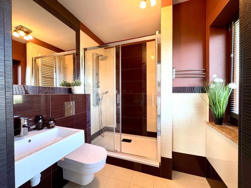 a bathroom with a toilet and a sink and a shower at Biały Dom in Gdańsk