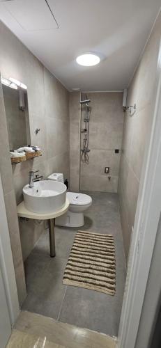 a bathroom with a sink and a toilet at Nino Suite, Central Pyrgos in Pyrgos