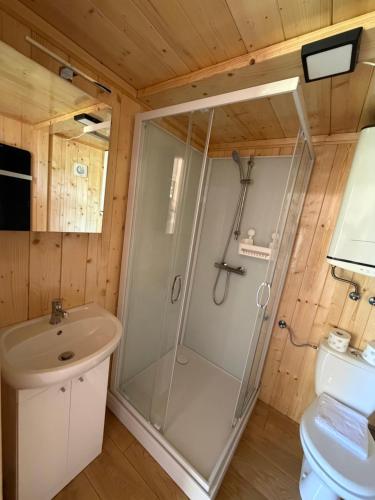 a bathroom with a shower and a sink at Forest Marina 