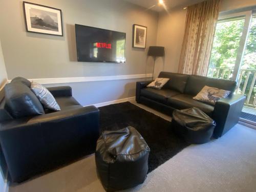 a living room with two couches and a tv at Puffin - Bach in Lerags