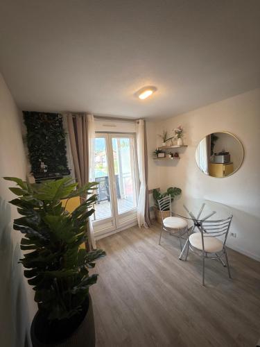 a living room with a table and chairs and a plant at Paisible studio fonctionnel in Cluses
