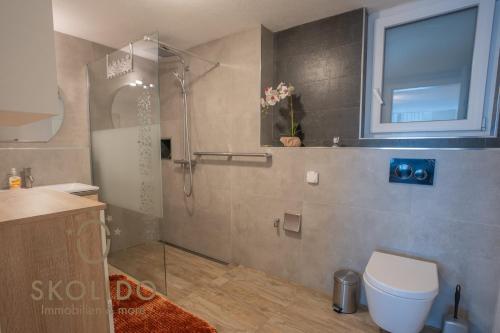 a bathroom with a shower and a toilet and a window at Casa Sunegga in Naters