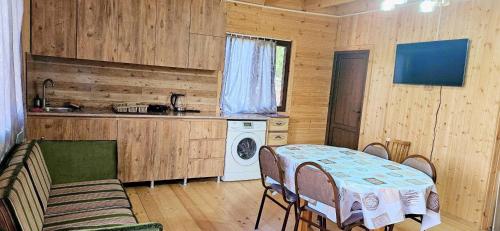 a kitchen with a table and a washing machine at კერა მთაში Kera Mtashi in Ambrolauri