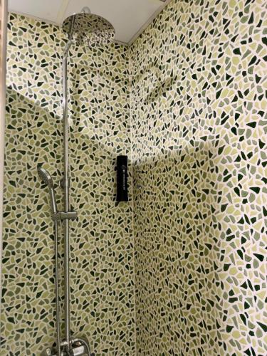 a shower stall in a bathroom with a shower curtain at Hotel Casa Manolet 