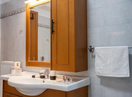 a bathroom with a sink and a mirror at Vythos Occidens in Plataria