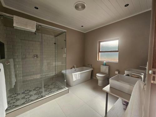 a bathroom with a tub and a shower and a toilet at Rooiberg Lodge in Van Wyksdorp