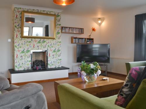 a living room with a fireplace and a television at Cushendall House in Torcastle