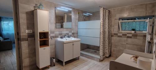 a bathroom with a sink and a shower at Charmant studio à Castillon du Gard, à deux pas du Pont-du-Gard in Castillon-du-Gard