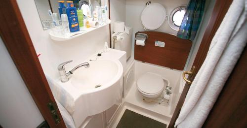 a small bathroom with a sink and a toilet at Boats & Yachts at Zeuthen Marina by Kuhnle-Tours in Zeuthen