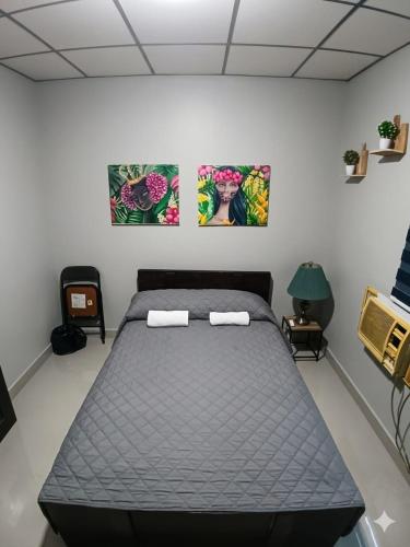 a bed in a room with two paintings on the wall at Penny House Hostal in David