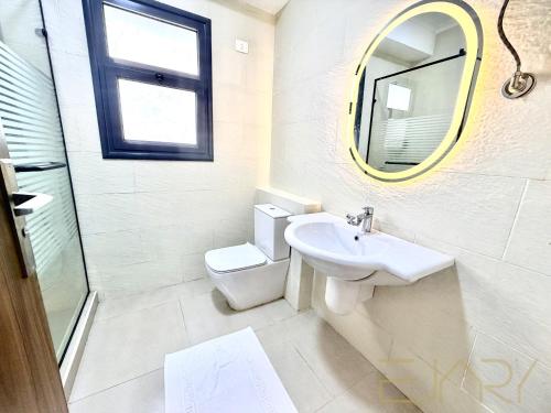 a bathroom with a sink and a toilet and a mirror at Gaia 2BR First Floor Apartment in El Dab‘a