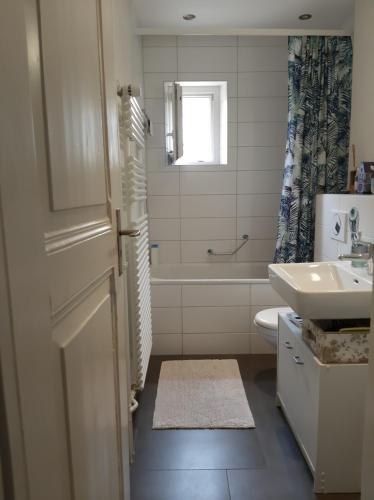 a bathroom with a sink and a tub and a toilet at Bern room near Main Station in Bern