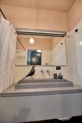 a bathroom with a large mirror and a sink at Studio Bellavista in Acquaseria