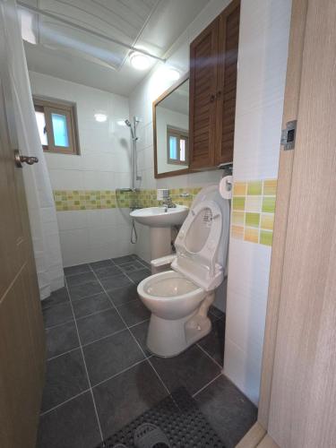 a bathroom with a toilet and a sink at Aju Good House 아주굿하우스 in Geoje