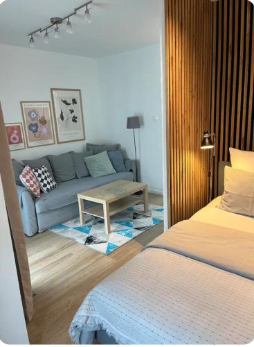 a living room with a bed and a couch at Apartament Zamojska - GarwoNocka in Garwolin