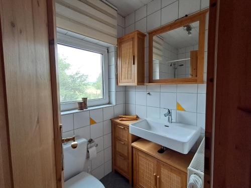 a bathroom with a sink and a toilet and a window at Ferienwohnung Kleine Auszeit in Bastheim