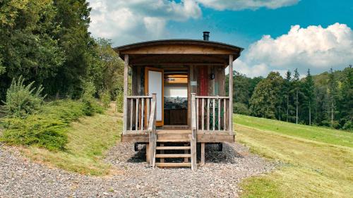 a small cabin in the middle of a field at Betty Shepherd's Hut in Lydney