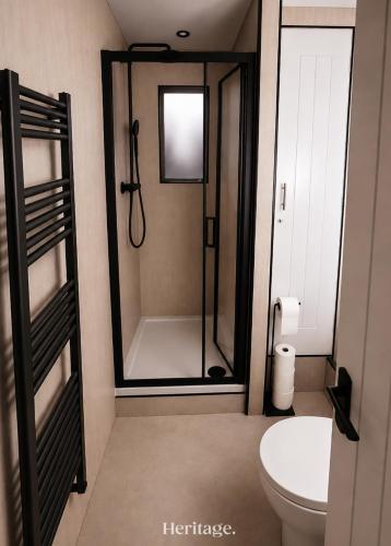 a bathroom with a shower and a toilet at The Copper Loft Apartment, Keith in Keith