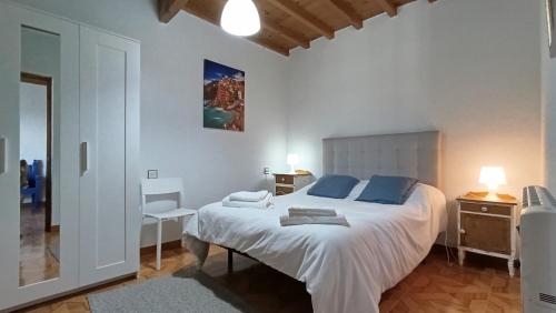 a bedroom with a large white bed with blue pillows at El hogar de Gregorio in Vilvestre