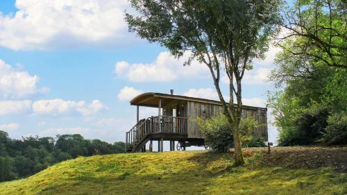 a house on top of a hill with a tree at Bertha Shepherd's Hut in Lydney