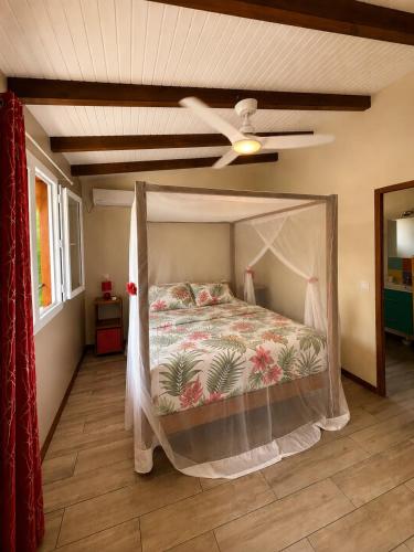 a bedroom with a bed with a mosquito net at Gîte Avocatier - Villa Marina in Bouillante