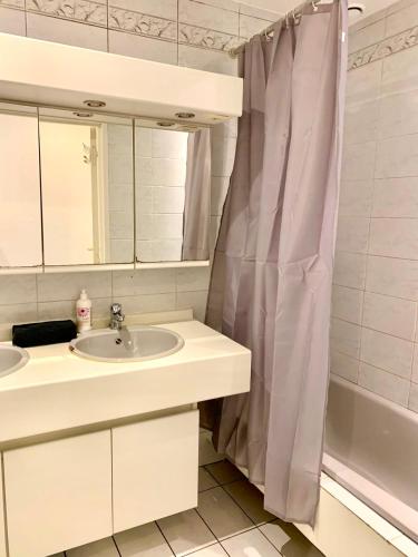 a bathroom with a sink and a shower curtain at Belga Apartment 3 bedrooms. in Antwerp