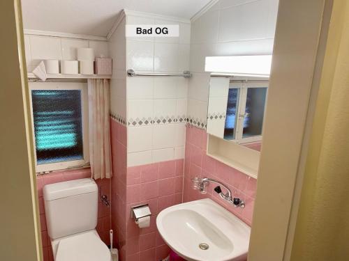a bathroom with a sink and a toilet and a mirror at Chalet Panorama in Adelboden
