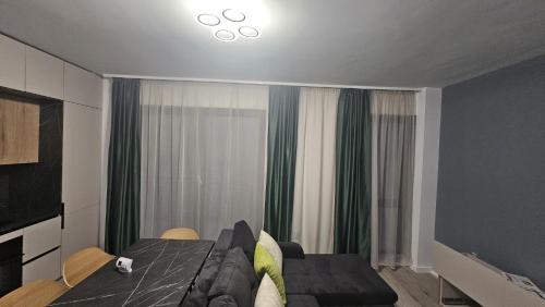 a living room with a couch and a television at Donath park view in Baciu