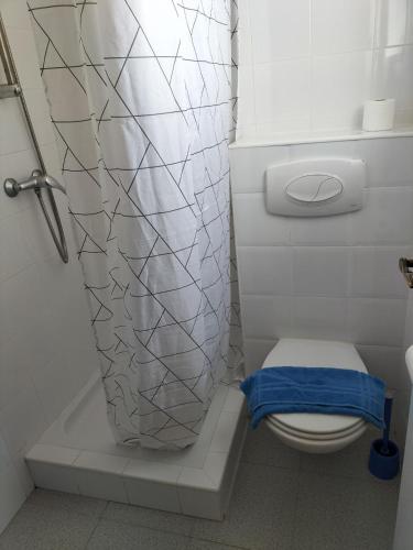 a bathroom with a toilet and a shower curtain at Residencia Laranjeira in Odeceixe